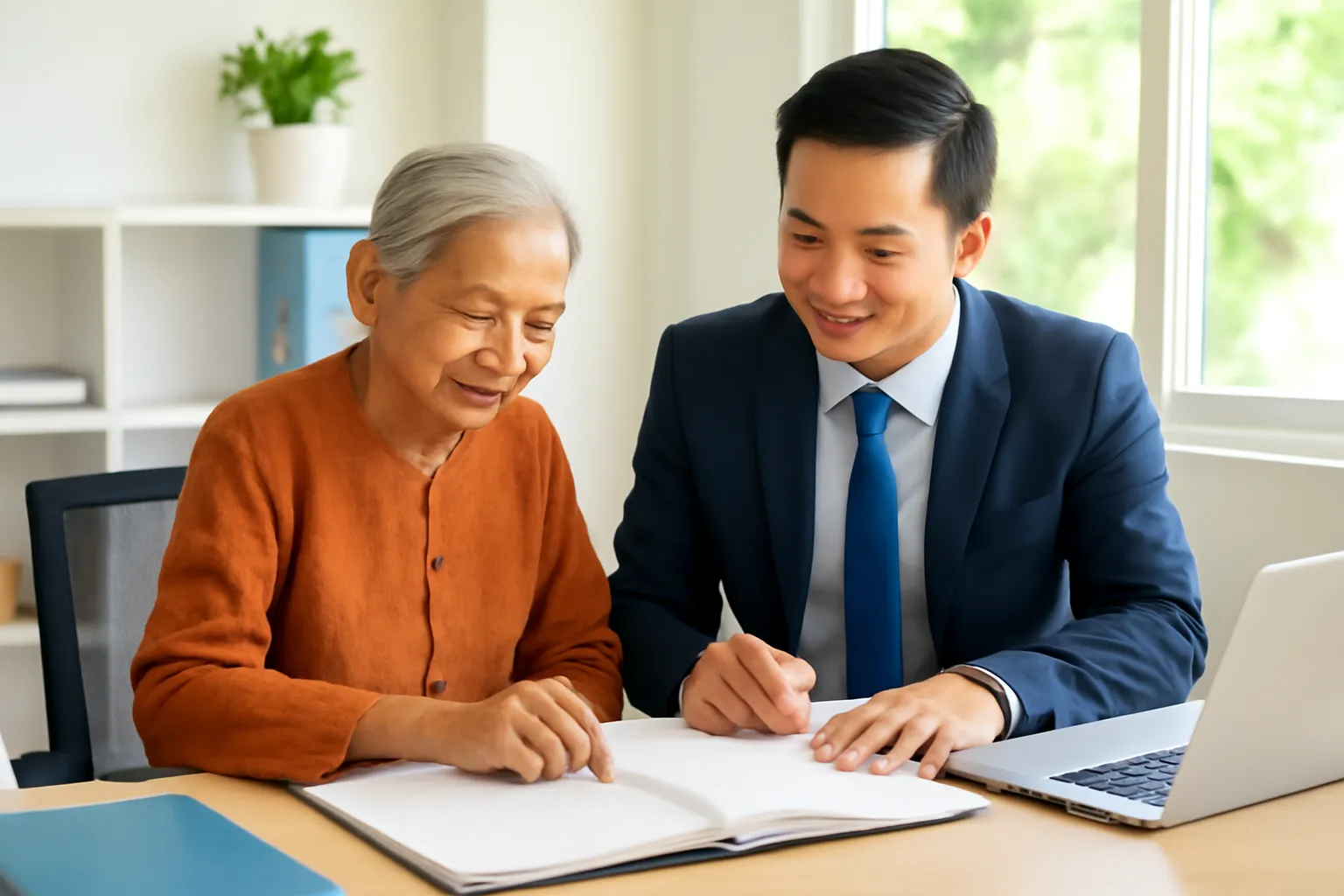 Bà chủ lớn tuổi và người quản lý trẻ cùng xem sổ sách trong văn phòng