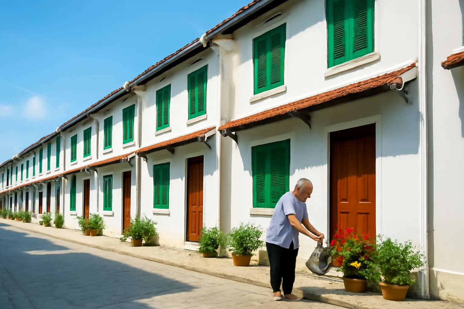 Dãy nhà nhỏ đều nhau có cửa sổ xanh dọc con hẻm lát đá sạch sẽ