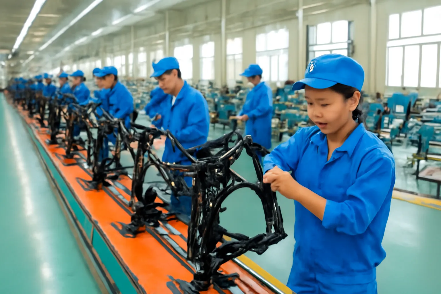 Công nhân lắp ráp khung xe trên dây chuyền trong nhà xưởng sáng sủa