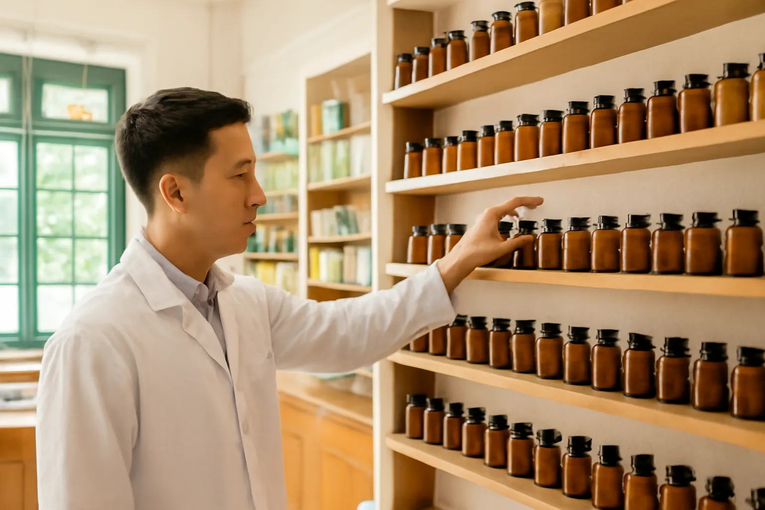 Những hũ thuỷ tinh nhỏ xếp ngay ngắn trên kệ gỗ của một tiệm thuốc
