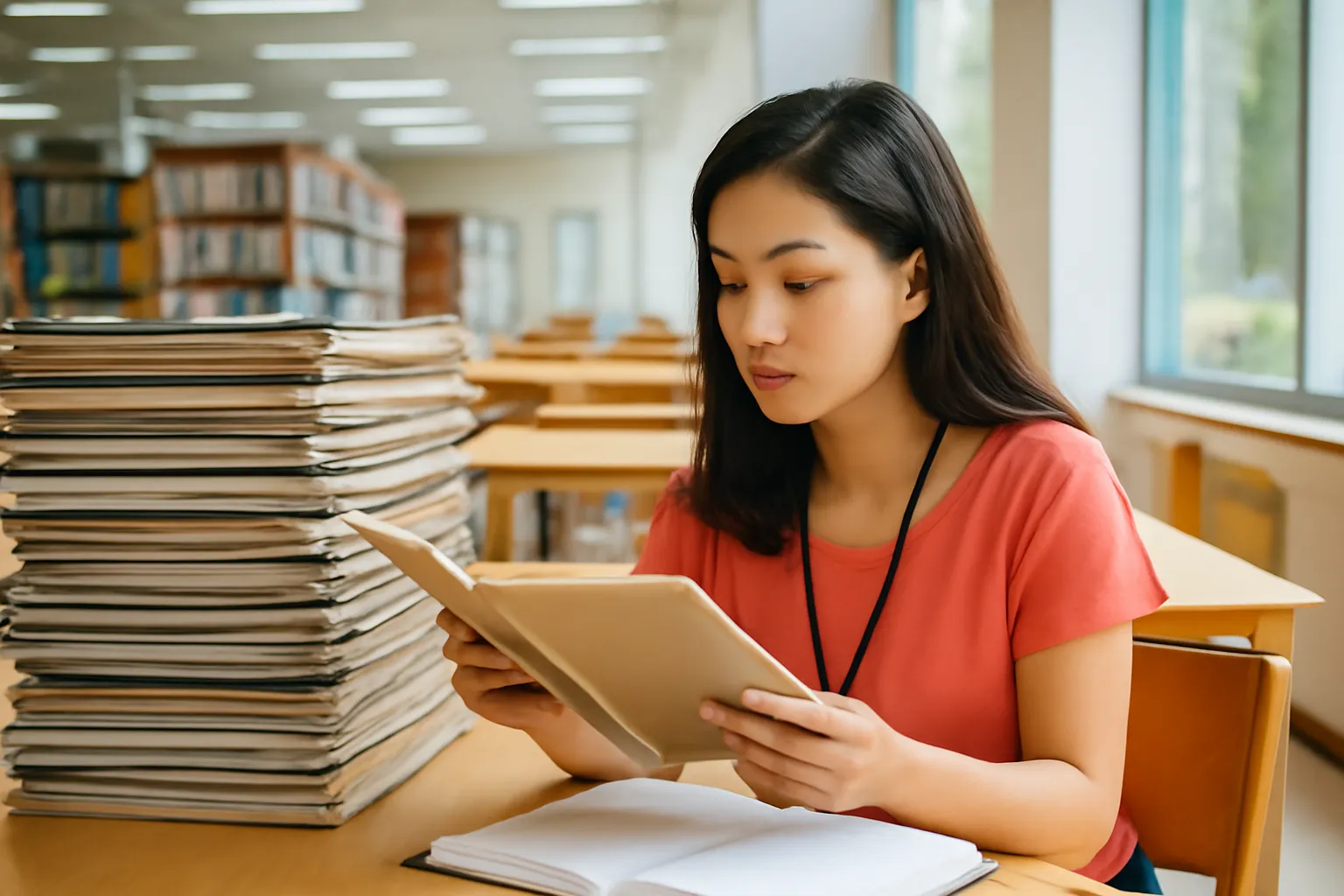 Người phụ nữ ngồi đọc tài liệu giữa những chồng hồ sơ trong thư viện