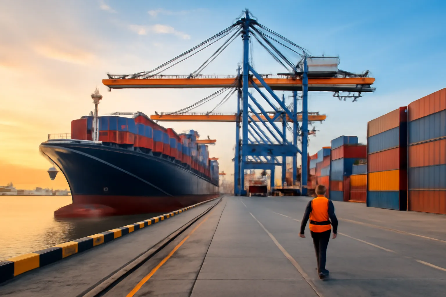 Con tàu hàng lớn neo ở cảng biển, cần cẩu đang bốc container