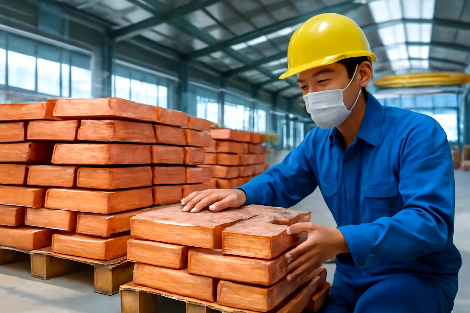 Những thỏi đồng đỏ xếp chồng trong xưởng luyện kim sáng đèn