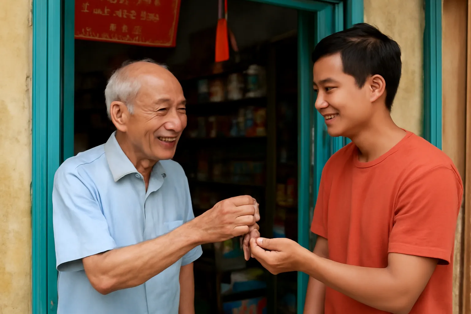 Người đàn ông lớn tuổi trao chùm chìa khoá cho một thanh niên trước cửa tiệm