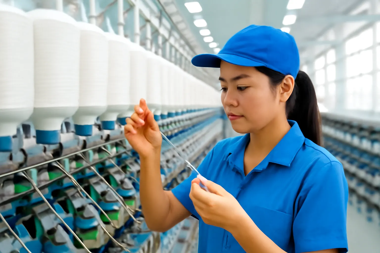 Những cuộn sợi bông trắng trên máy kéo sợi trong xưởng dệt sáng