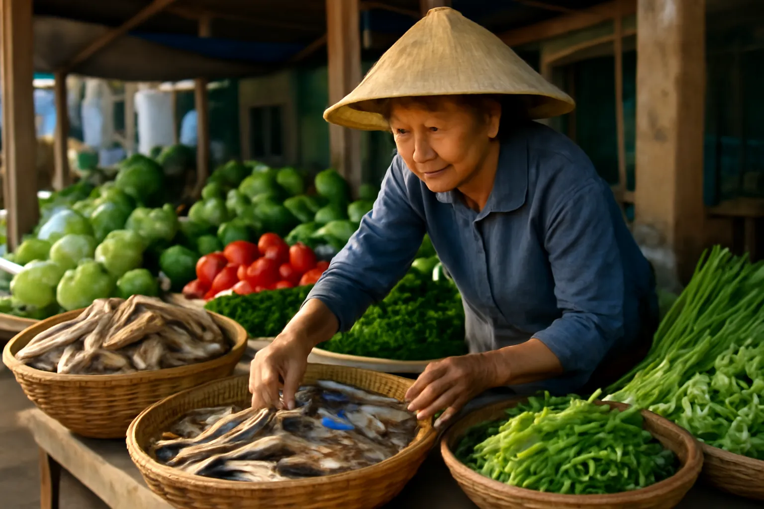 Những sạp cá khô và rau củ trong một khu chợ truyền thống buổi sáng