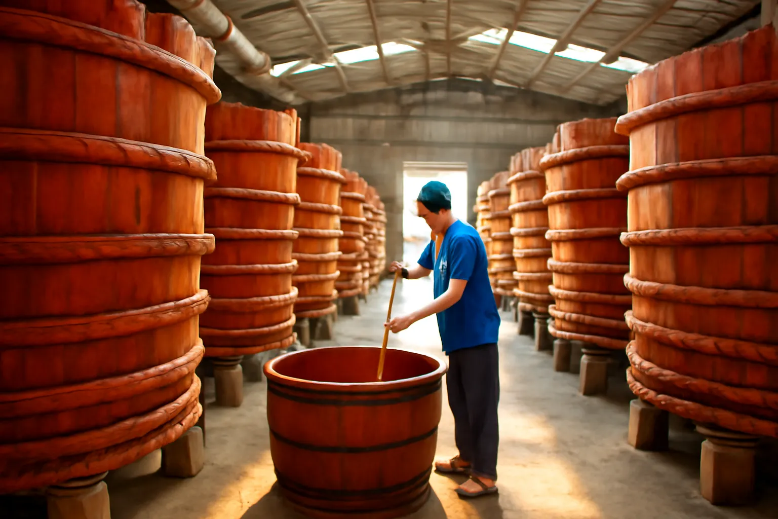Những thùng gỗ ủ nước mắm lớn trong nhà thùng ven biển Phan Thiết