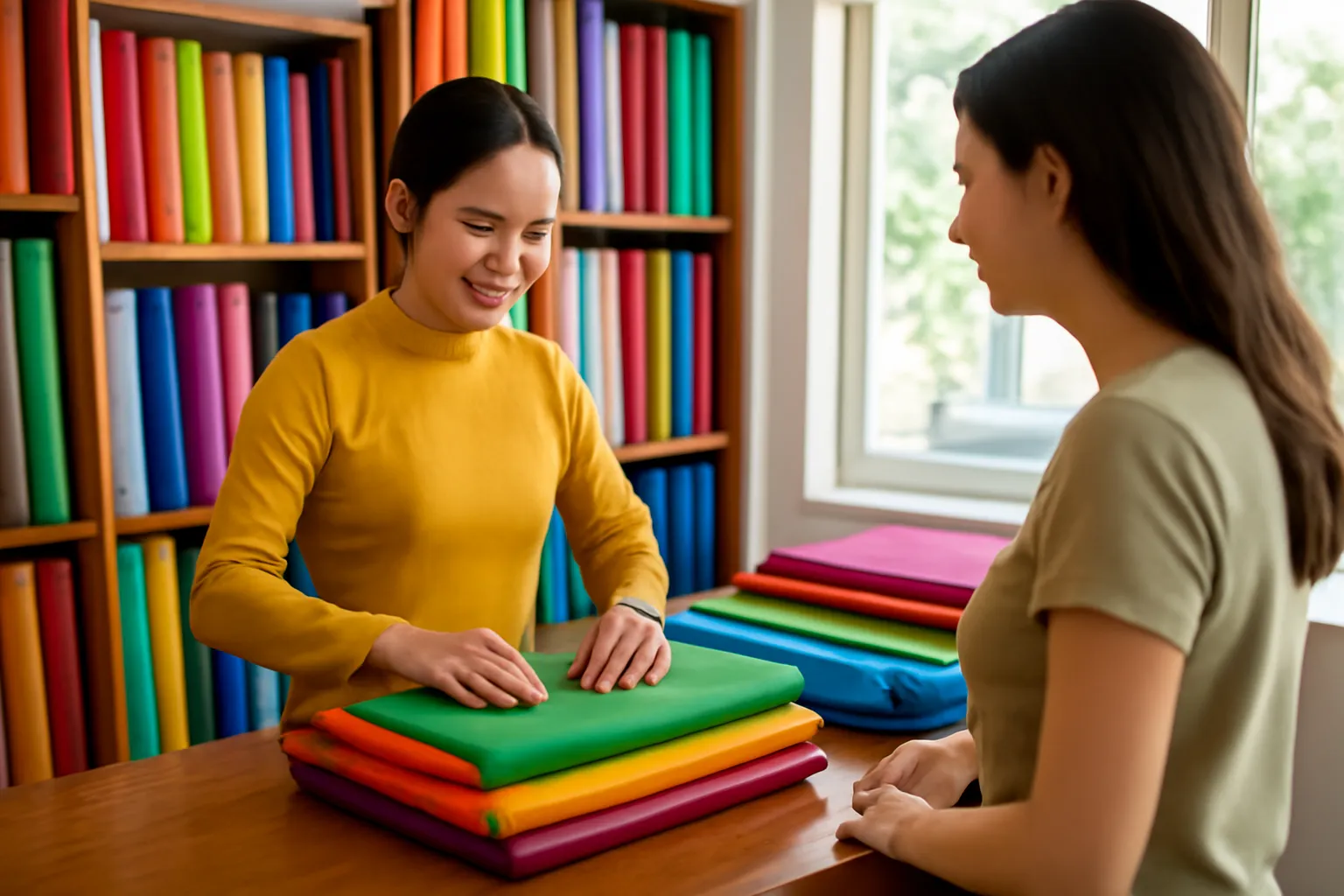 Cô bán hàng gấp những xấp vải lụa nhiều màu trên quầy gỗ