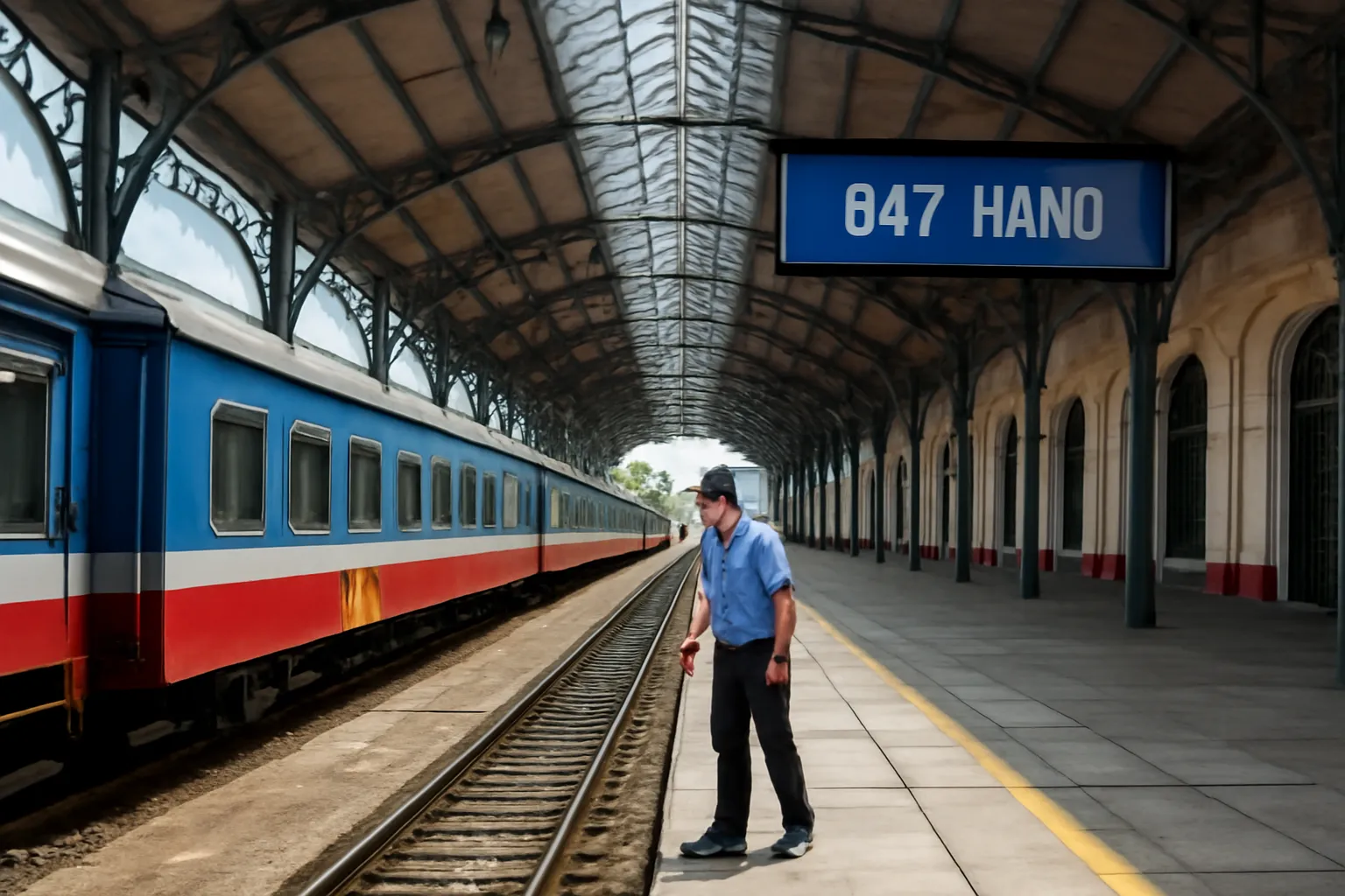 Ga tàu cũ có mái vòm thép, đoàn tàu đang dừng đón khách
