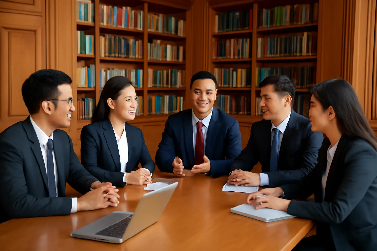 Bàn họp gỗ dài trong căn phòng có giá sách cao, vài người đang bàn bạc