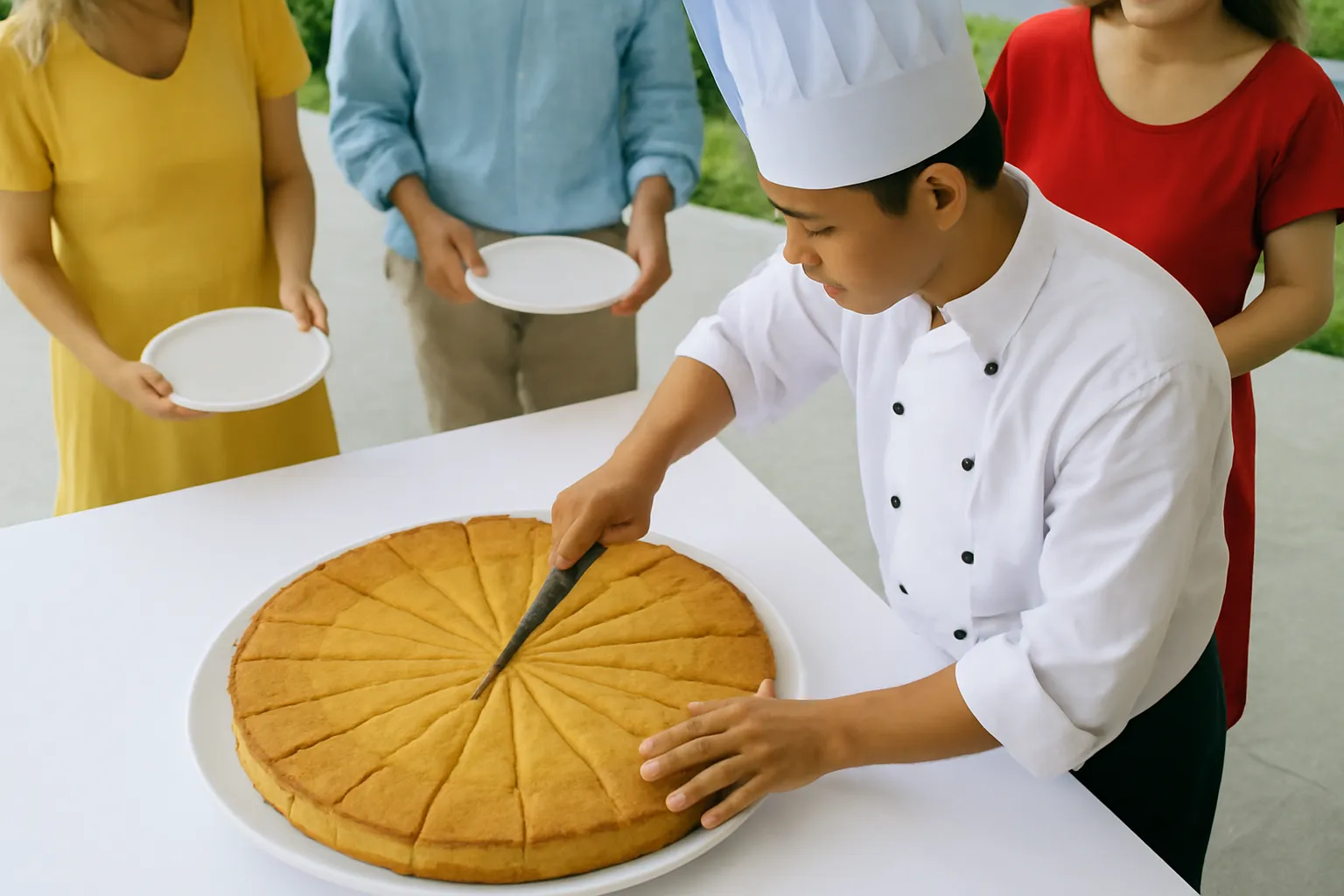 Một chiếc bánh lớn được cắt thành nhiều phần trên bàn tiệc