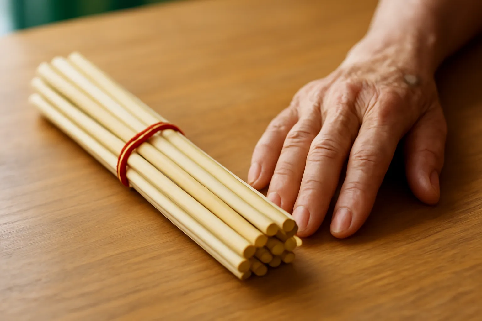 Bó năm chiếc đũa tre buộc chặt bằng sợi dây đỏ trên mặt bàn gỗ