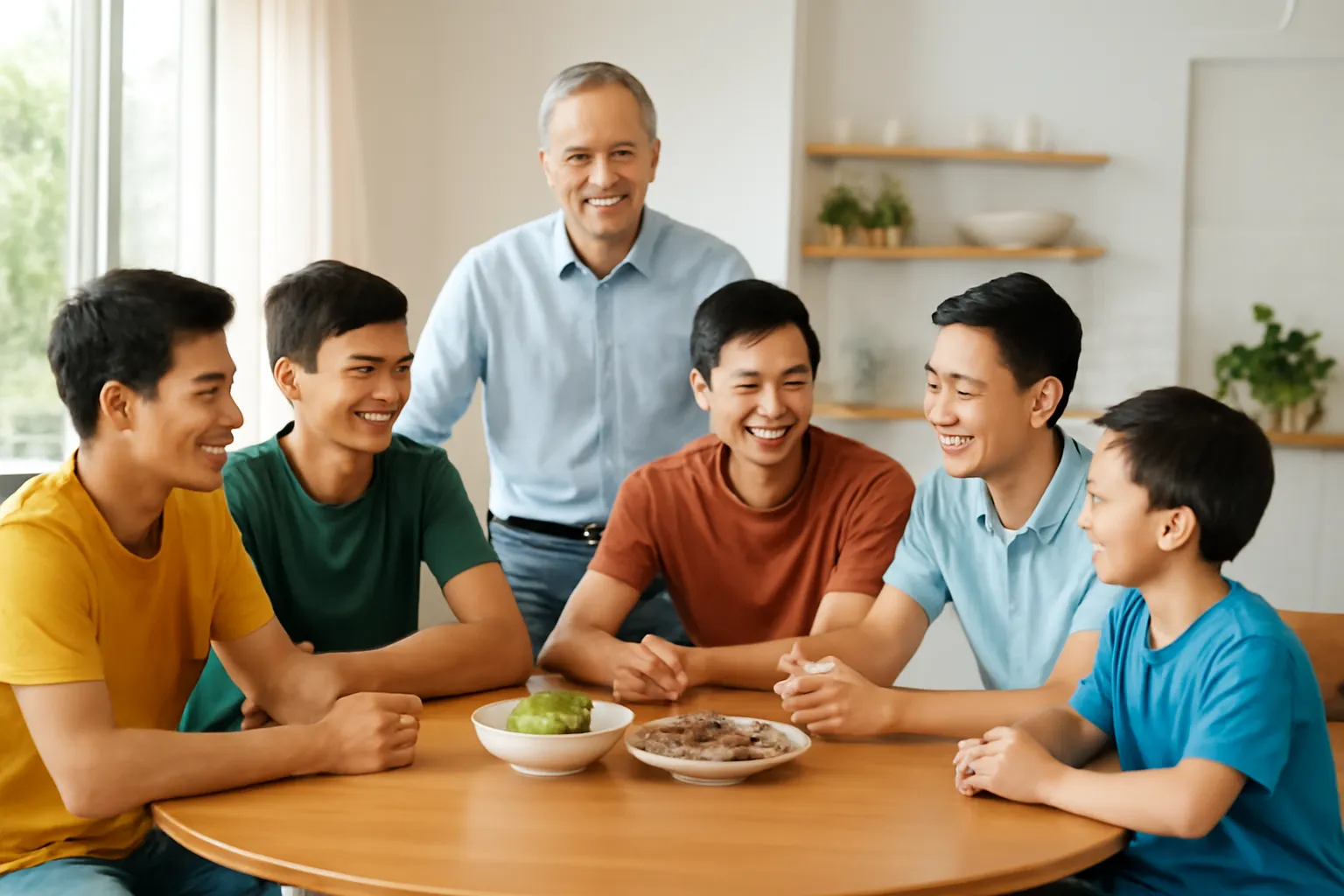 Năm chiếc ghế quanh bàn tròn trong phòng họp gia đình có cửa sổ lớn