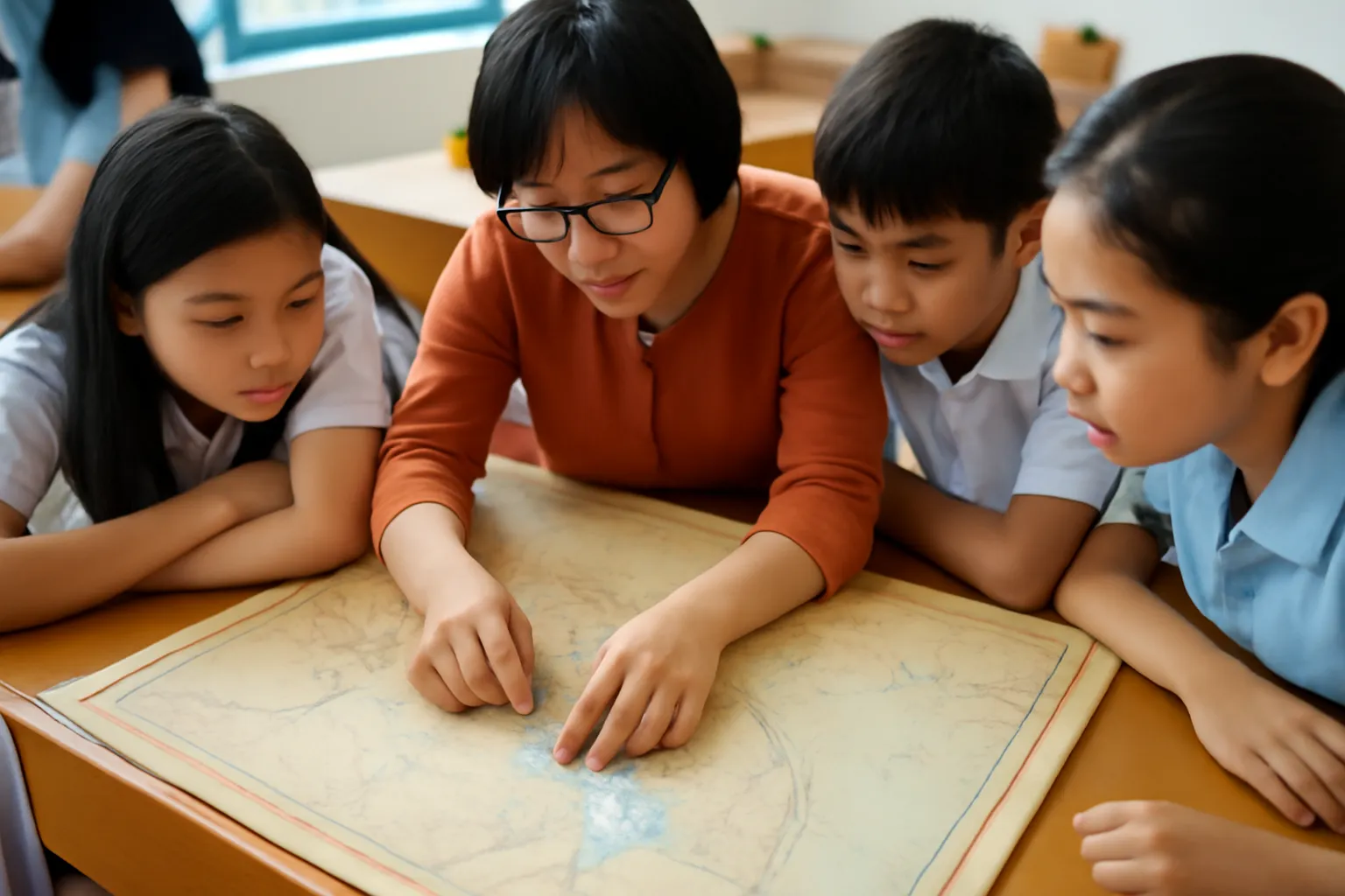 Tấm bản đồ cũ trải trên bàn, một người đang chỉ vào dòng sông lớn