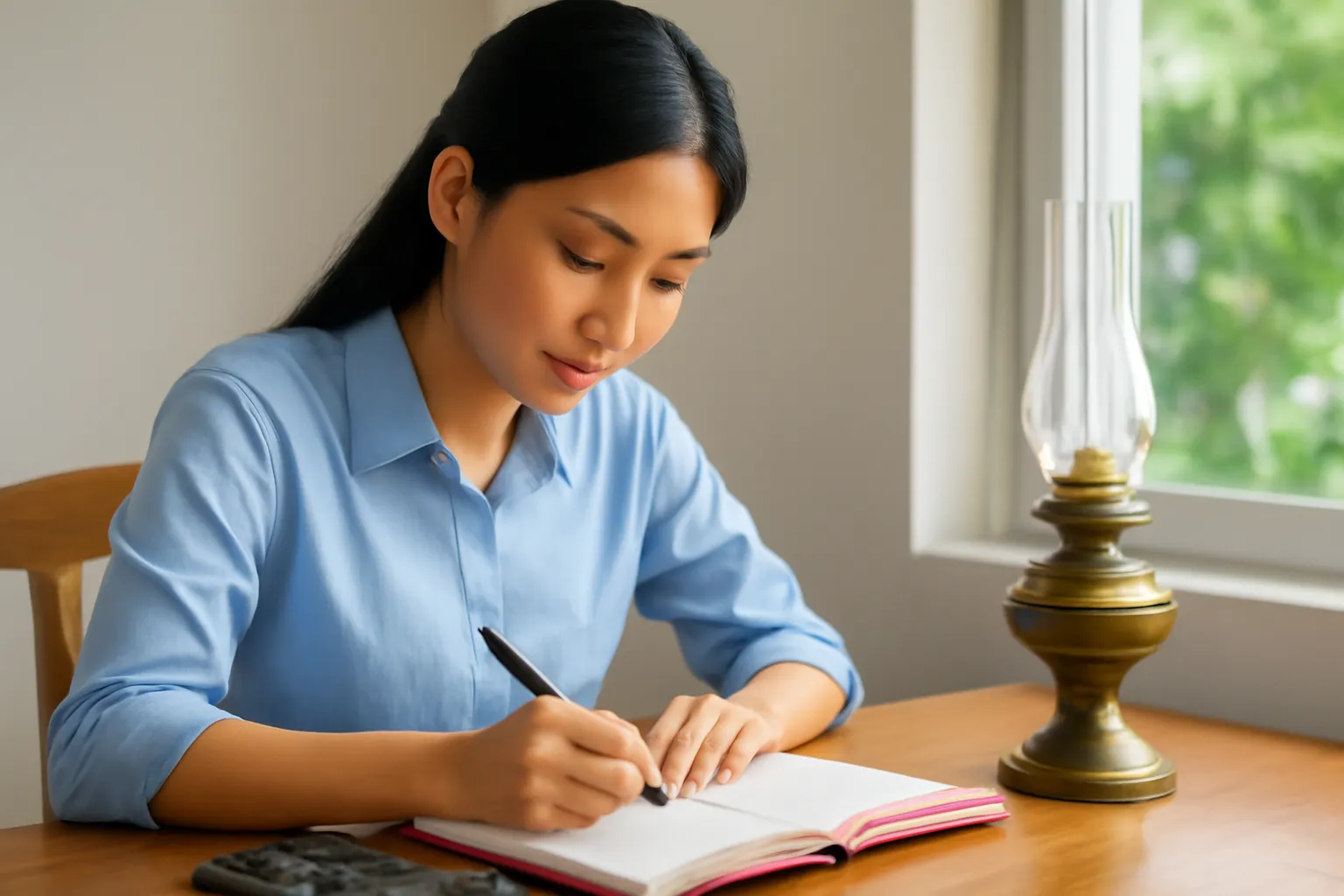 Người đàn ông ghi chép tỉ mỉ vào cuốn sổ bìa đỏ bên bàn gỗ