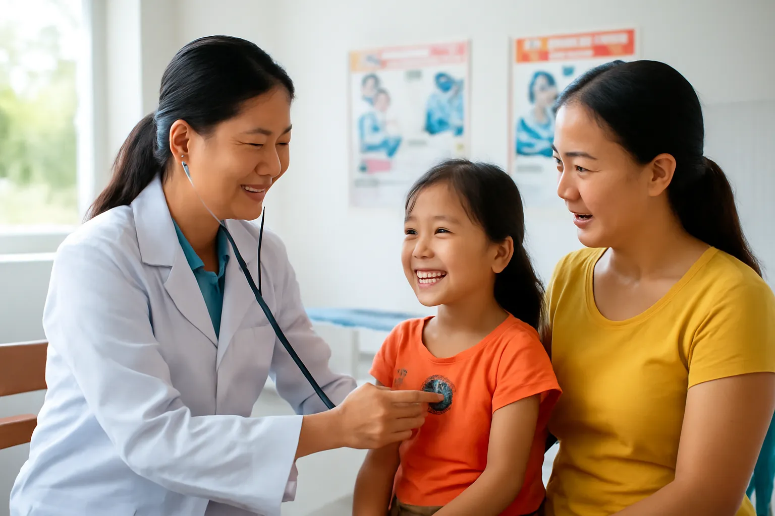 Nhân viên y tế đo nhiệt độ cho trẻ em trong một trạm y tế nông thôn