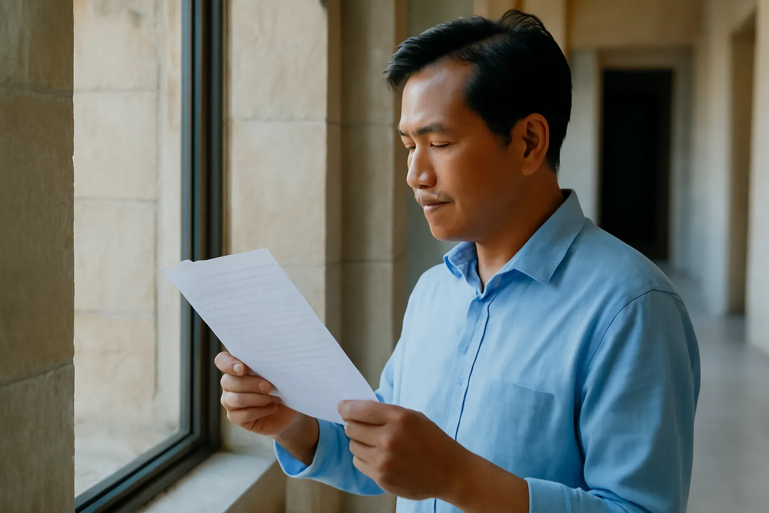 Người đàn ông đọc một lá thư bên cửa sổ, ánh sáng sớm chiếu vào