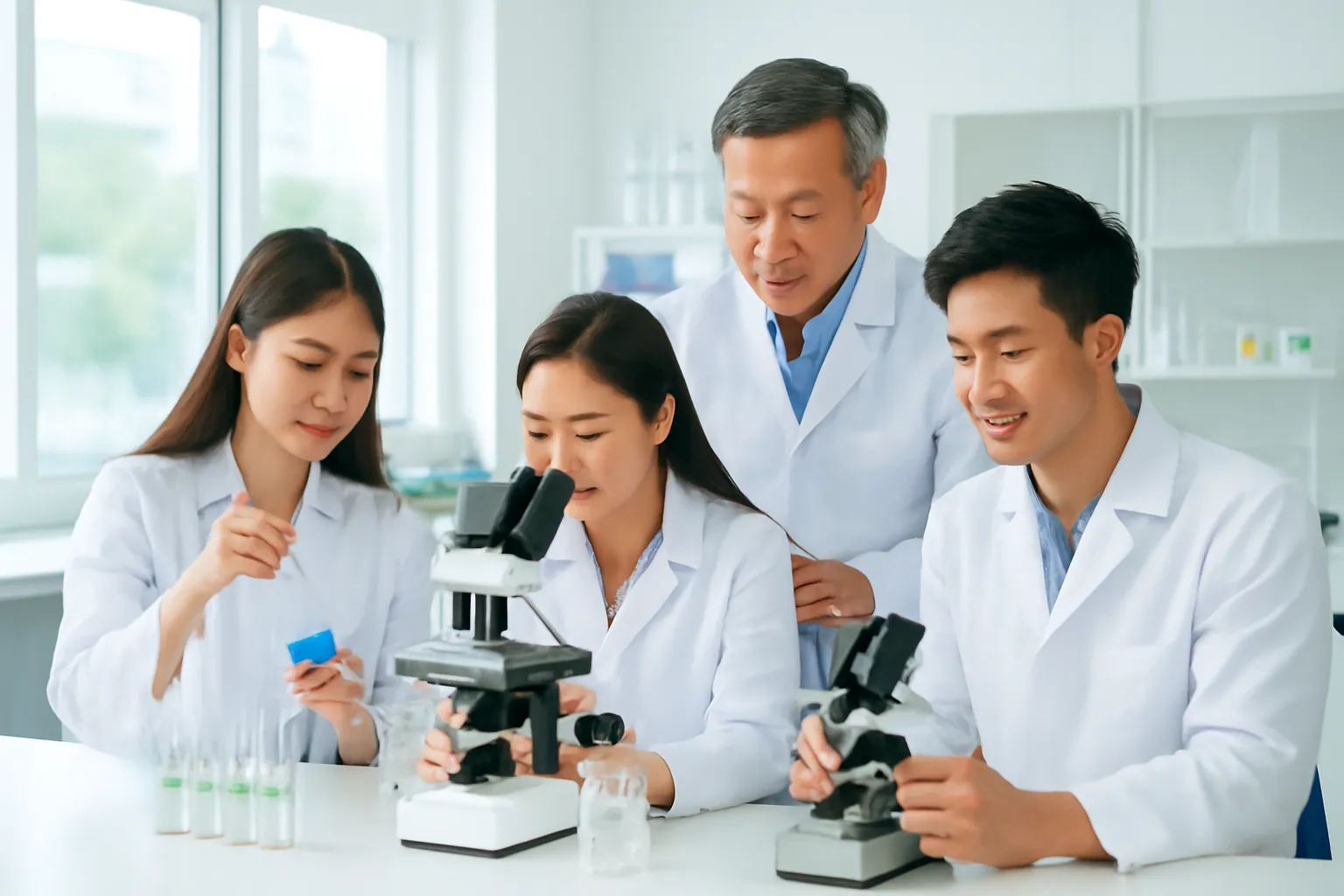 Nhóm sinh viên làm thí nghiệm trong phòng thí nghiệm sáng sủa