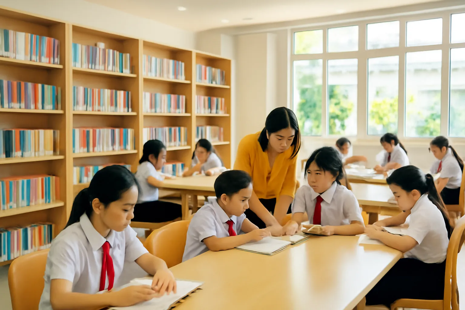 Thư viện công cộng sáng sủa với nhiều kệ sách mở và học sinh đang đọc