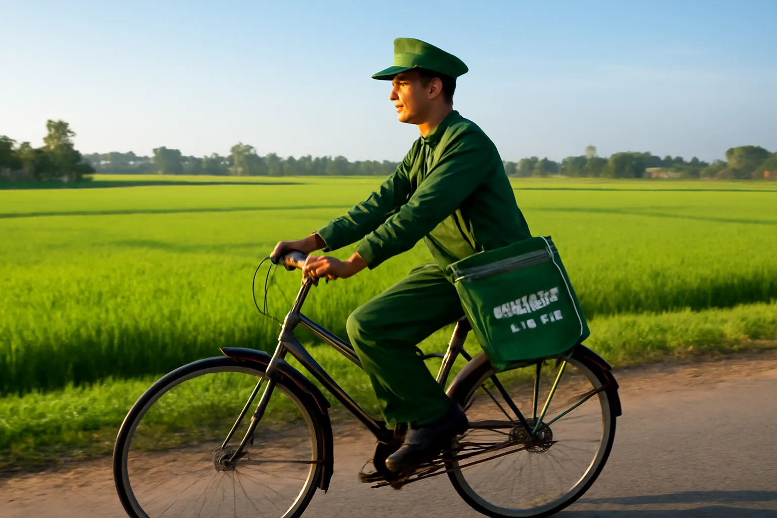 Người đưa thư đạp xe trên con đường làng trong nắng sớm