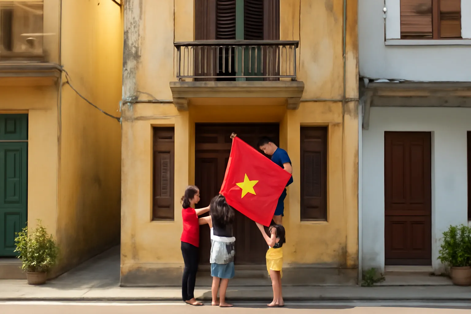 Mặt tiền một ngôi nhà phố cổ ở Hà Nội với cửa gỗ và ban công nhỏ