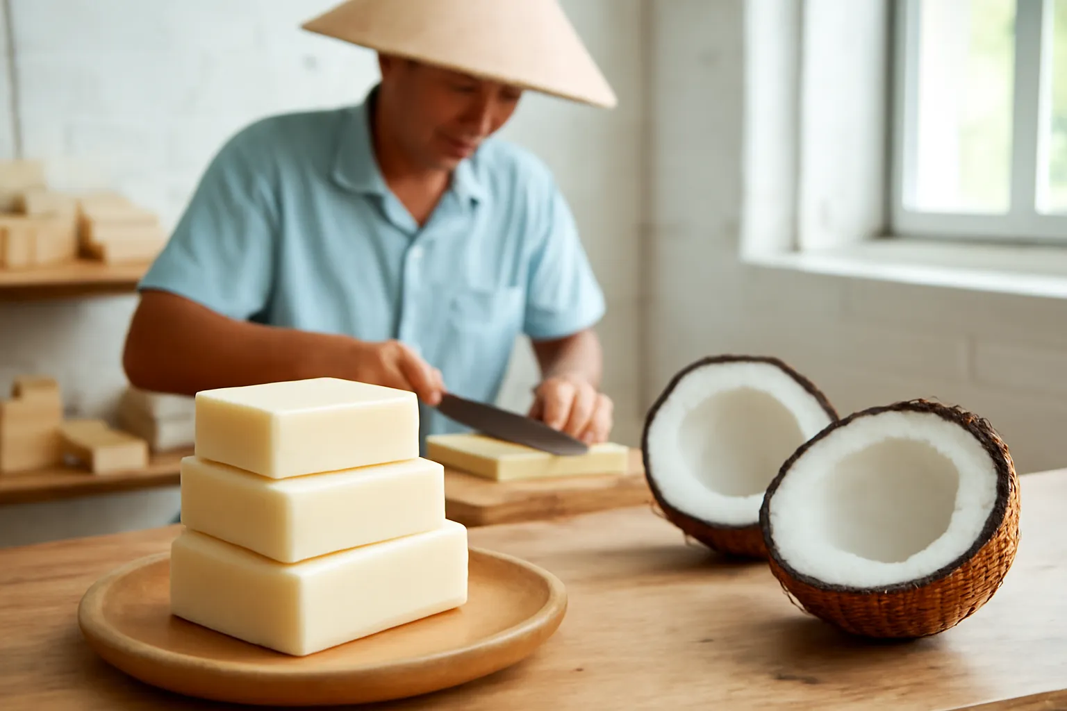 Những bánh xà phòng màu ngà xếp chồng trên khay gỗ cạnh trái dừa