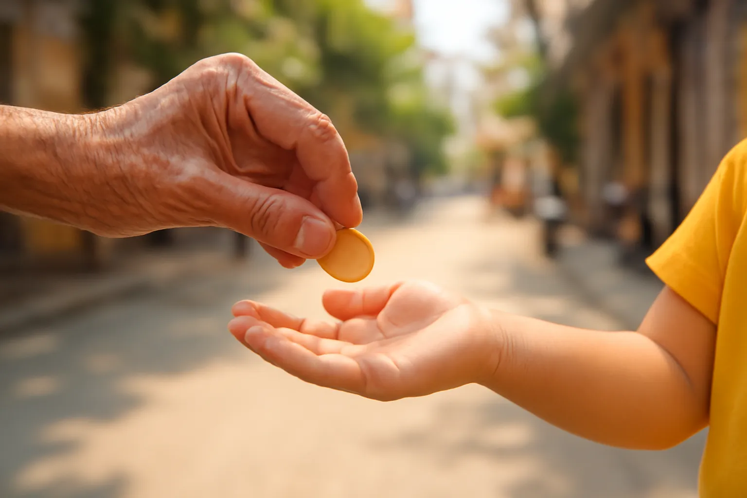 Bàn tay cầm đồng xu sáng bóng đặt vào lòng bàn tay một đứa trẻ