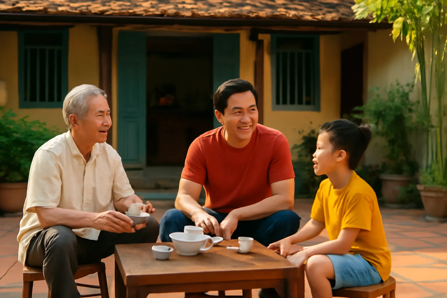 Ba thế hệ trong một gia đình ngồi quanh bàn trà trong sân nhà